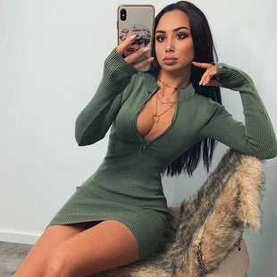 2025 Amazon autumn and winter fashion women's European and American sexy trend slim skirt rib zipper long sleeve dress