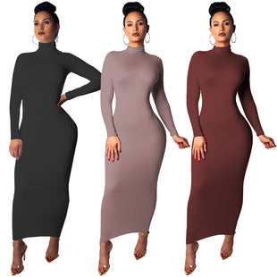 2025 Amazon autumn and winter fashion women's European and American sexy trend slim skirt rib zipper long sleeve dress
