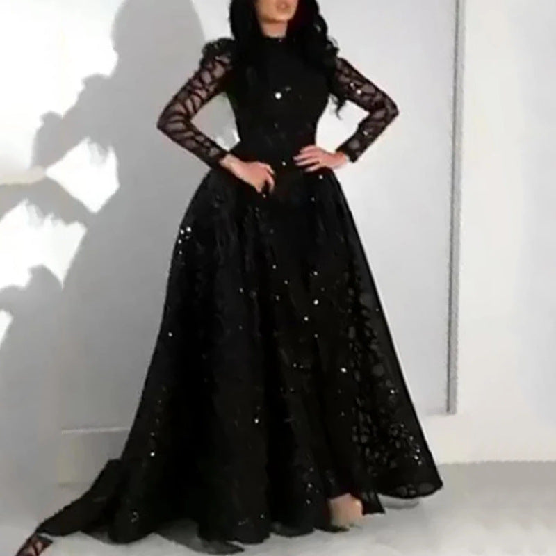 2026 New European and American Foreign Trade Women's Dress Amazon Independent Long-Sleeve Gold-Spattered Long Dress Gown