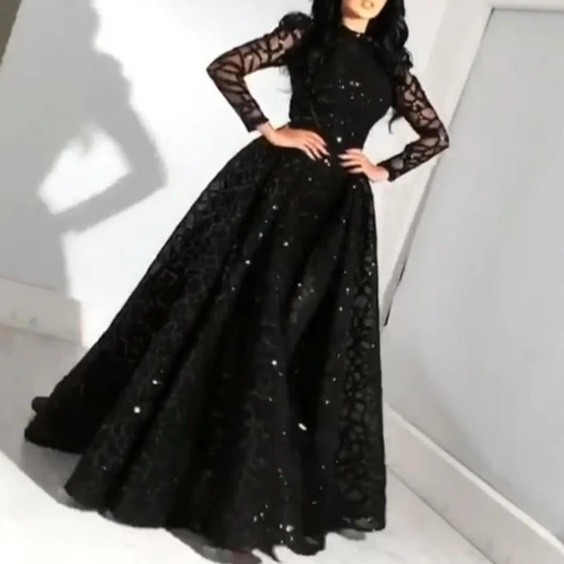 2026 New European and American Foreign Trade Women's Dress Amazon Independent Long-Sleeve Gold-Spattered Long Dress Gown