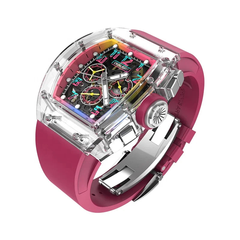 Sapphire Openwork Mechanical Watch for Men - Transparent Dial Design with Luminous Hands, Available in Multiple Colours