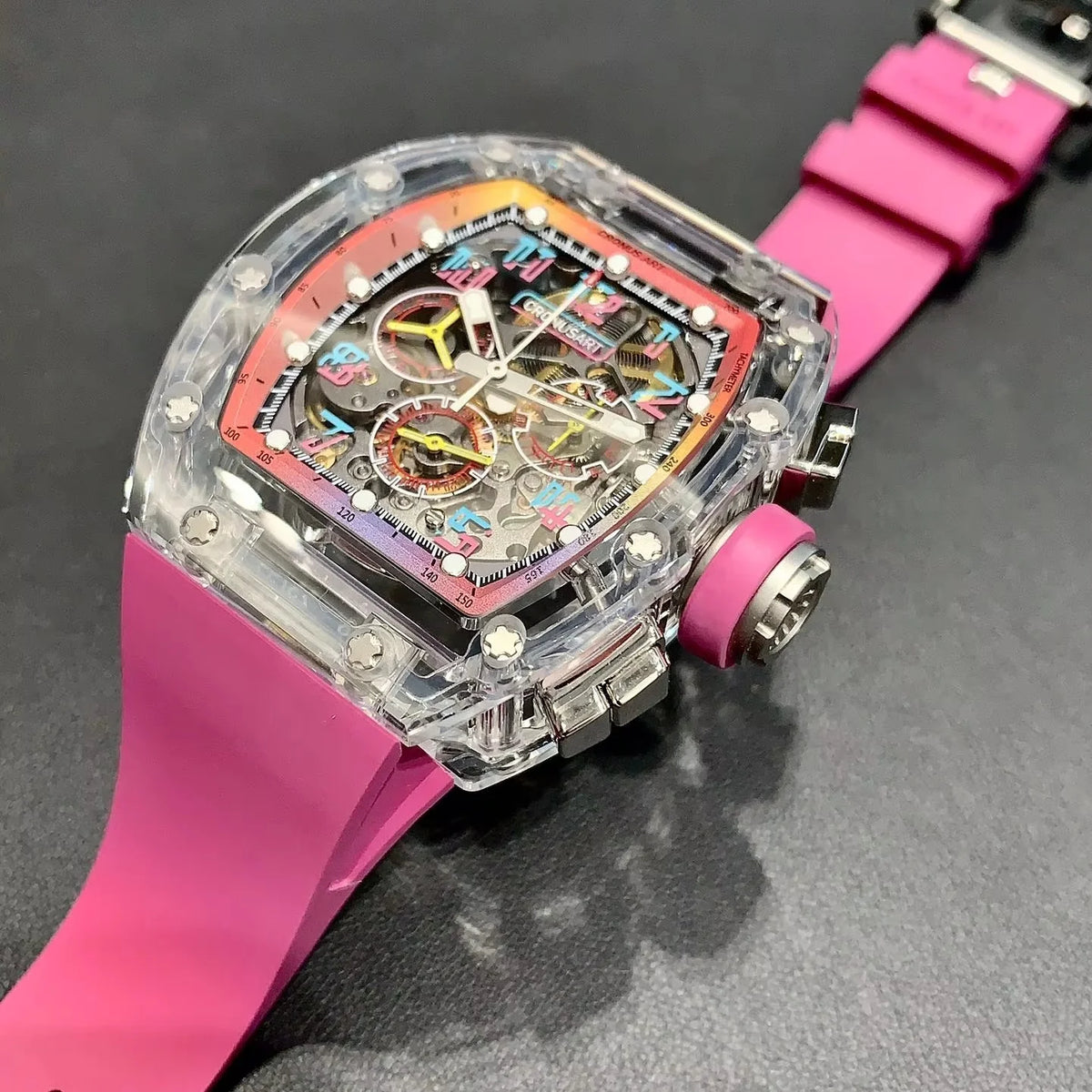Sapphire Openwork Mechanical Watch for Men - Transparent Dial Design with Luminous Hands, Available in Multiple Colours