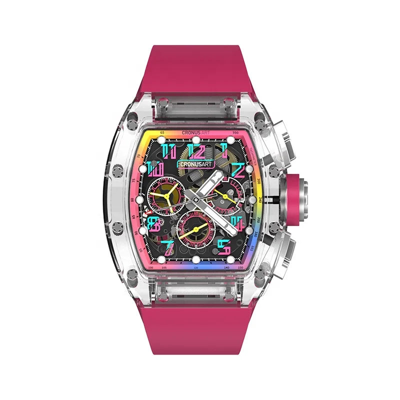 Sapphire Openwork Mechanical Watch for Men - Transparent Dial Design with Luminous Hands, Available in Multiple Colours