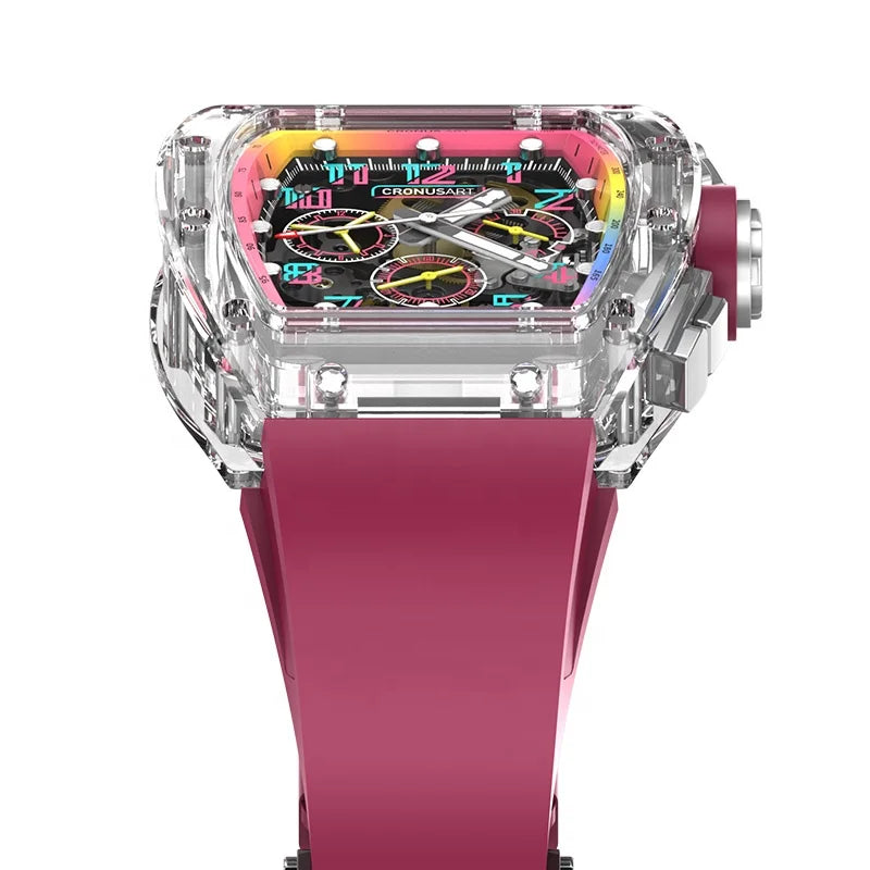 Sapphire Openwork Mechanical Watch for Men - Transparent Dial Design with Luminous Hands, Available in Multiple Colours
