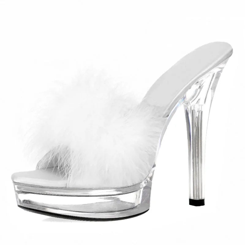 3 Inch Women's Feather Slippers13CM Summer Fashion Clear Crystal Big Size Super Stripper High Heeled ShoesParty Sexy Fetish