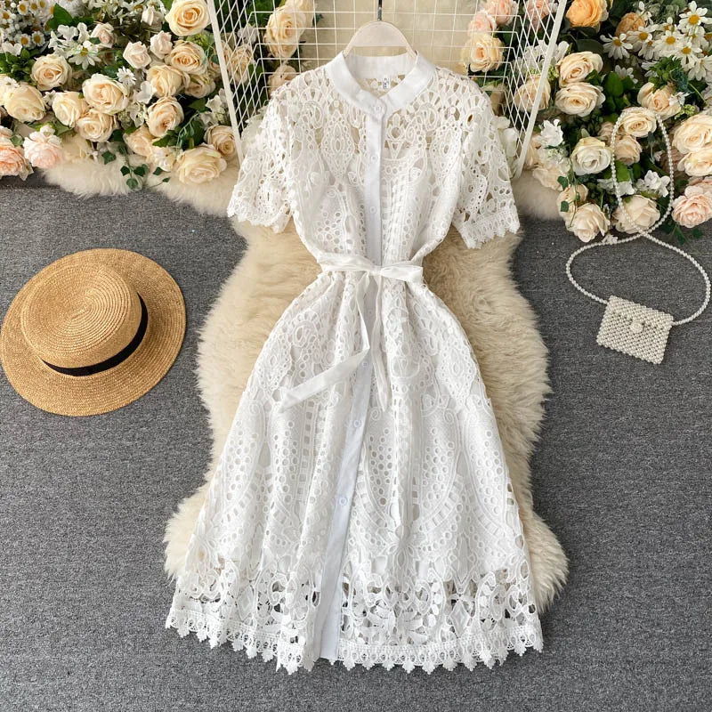 Sanishroly 2020 Summer Autumn Sexy Hollow Out Dress Women Tie Bow Lace Dress Female Button Short Sleeve Long Dress Vestidos C060