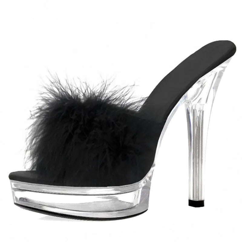 3 Inch Women's Feather Slippers13CM Summer Fashion Clear Crystal Big Size Super Stripper High Heeled ShoesParty Sexy Fetish