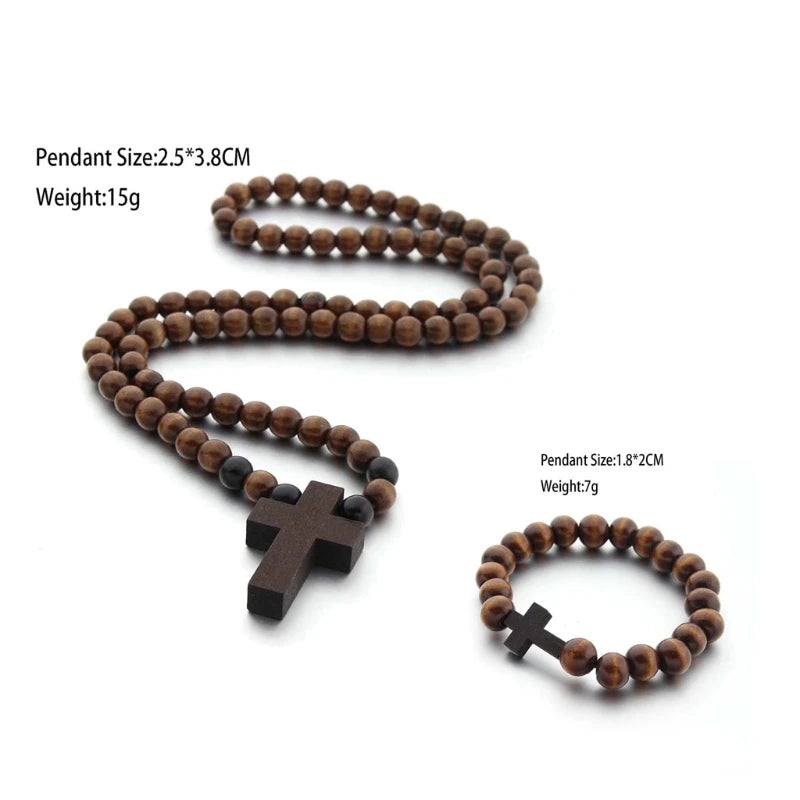 Wood Bead Religious Catholic Crucifix Pendant Necklace Bracelet Set First Communion Gift Inspirational Cross for Prayer