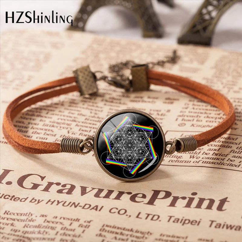 2020 Metatron Cube Pendant Bracelet Sacred Geometry Flower of Life Jewelry Chakra Spiritual Leather Bracelet Glass Dome Jewelry