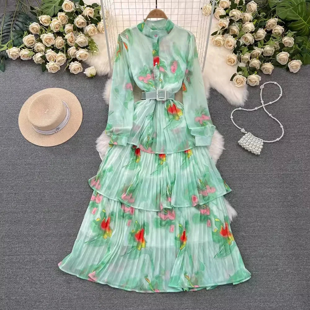 One Size  Spring and Autumn Long Sleeved Standing Neck Waist Collection A-line Printed Dress Ruffle Edge Cake Chiffon Dress