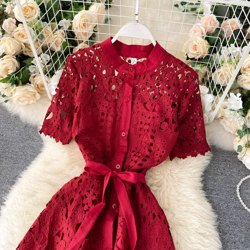 Sanishroly 2020 Summer Autumn Sexy Hollow Out Dress Women Tie Bow Lace Dress Female Button Short Sleeve Long Dress Vestidos C060