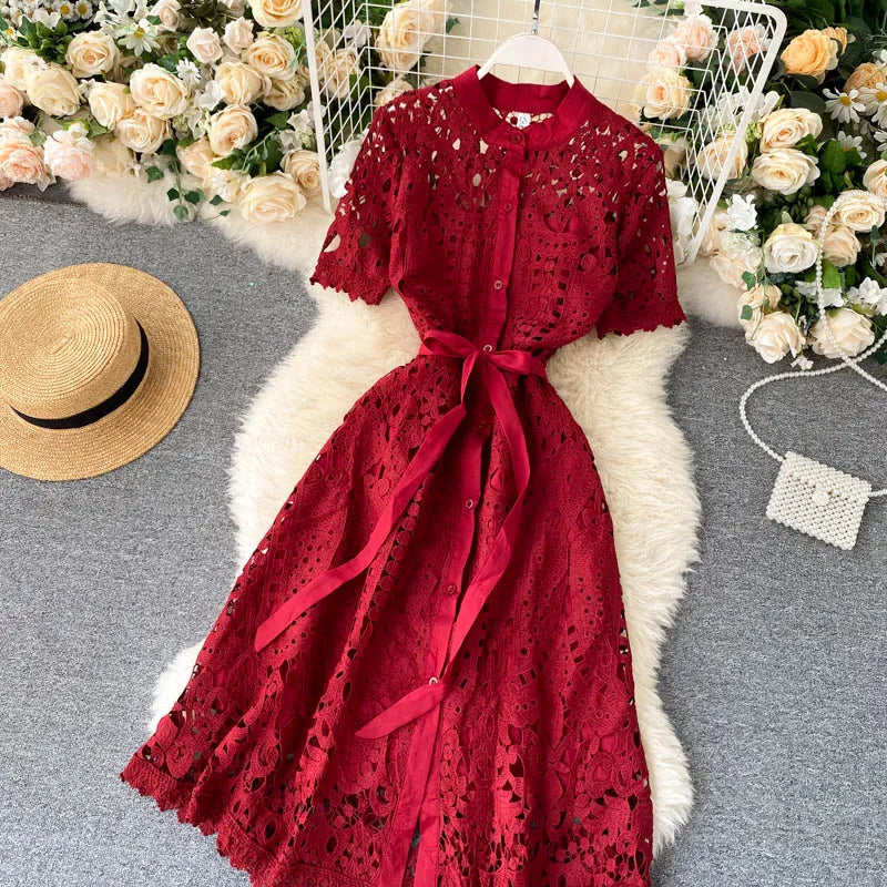 Sanishroly 2020 Summer Autumn Sexy Hollow Out Dress Women Tie Bow Lace Dress Female Button Short Sleeve Long Dress Vestidos C060