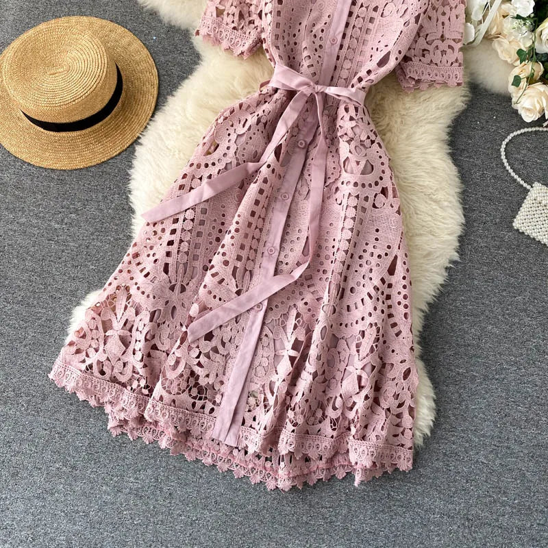 Sanishroly 2020 Summer Autumn Sexy Hollow Out Dress Women Tie Bow Lace Dress Female Button Short Sleeve Long Dress Vestidos C060