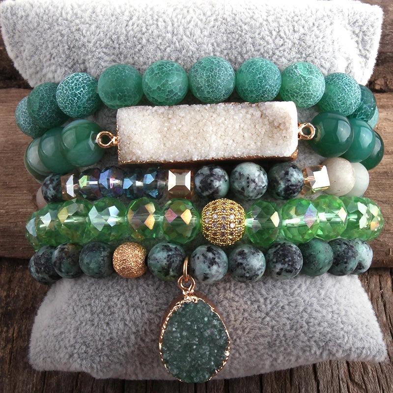 Fashion Designer Boho Beaded Bracelet Natural Stone Crystal Druzy 5pc Bracelets Sets For Women  Jewelry Gift