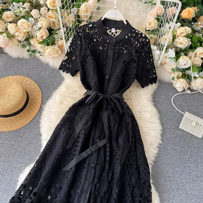 Sanishroly 2020 Summer Autumn Sexy Hollow Out Dress Women Tie Bow Lace Dress Female Button Short Sleeve Long Dress Vestidos C060