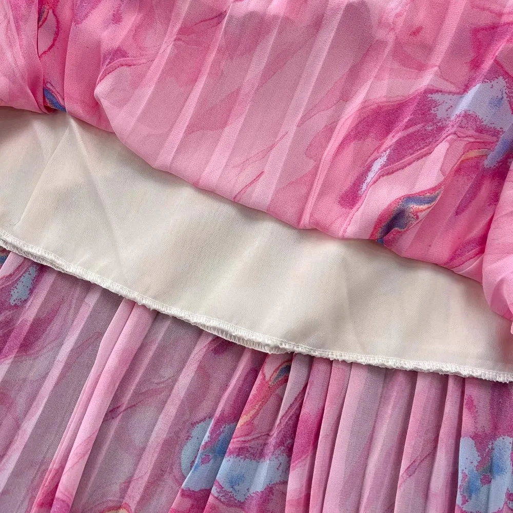 One Size  Spring and Autumn Long Sleeved Standing Neck Waist Collection A-line Printed Dress Ruffle Edge Cake Chiffon Dress