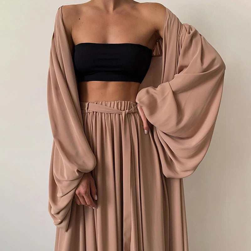 ANSZKTN Short Vest Lantern Long Sleeve Coat High Waist Wide Leg Pants Sexy Women 2 Pieces Sets