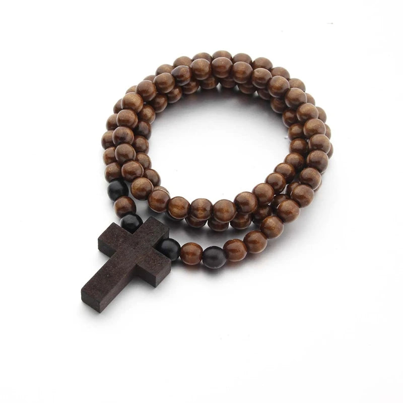 Wood Bead Religious Catholic Crucifix Pendant Necklace Bracelet Set First Communion Gift Inspirational Cross for Prayer