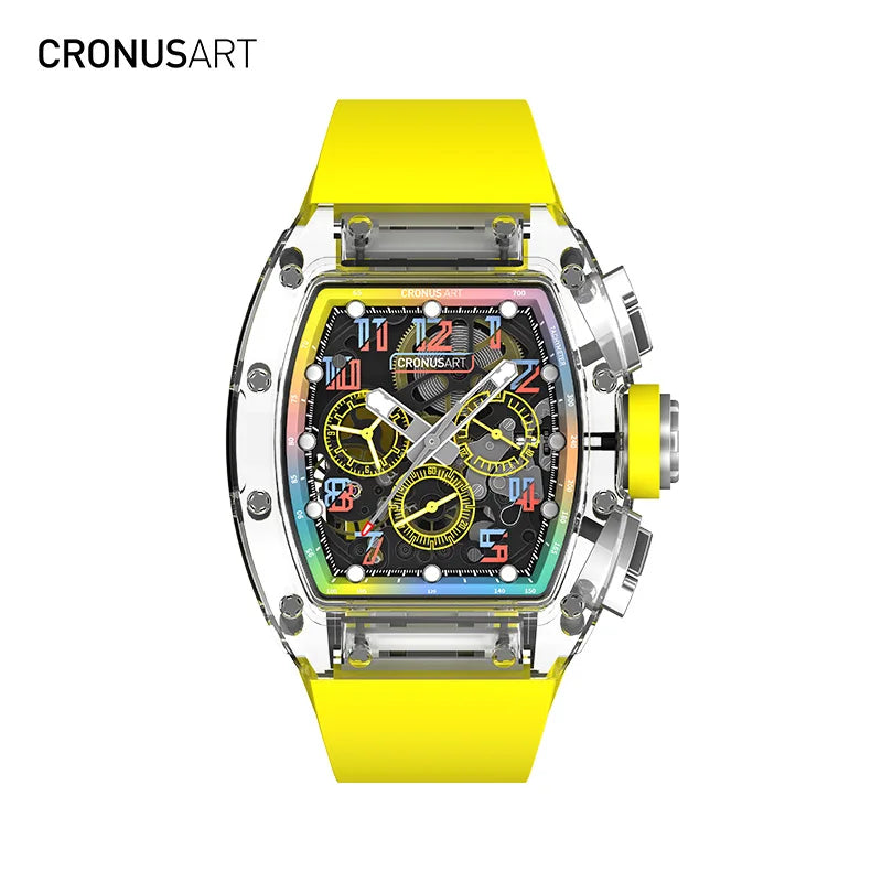 Sapphire Openwork Mechanical Watch for Men - Transparent Dial Design with Luminous Hands, Available in Multiple Colours