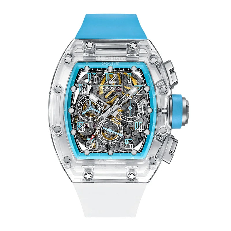 Sapphire Openwork Mechanical Watch for Men - Transparent Dial Design with Luminous Hands, Available in Multiple Colours