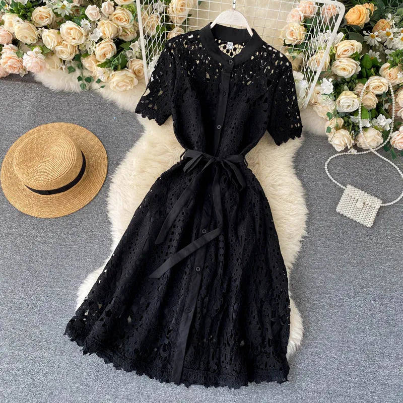 Sanishroly 2020 Summer Autumn Sexy Hollow Out Dress Women Tie Bow Lace Dress Female Button Short Sleeve Long Dress Vestidos C060