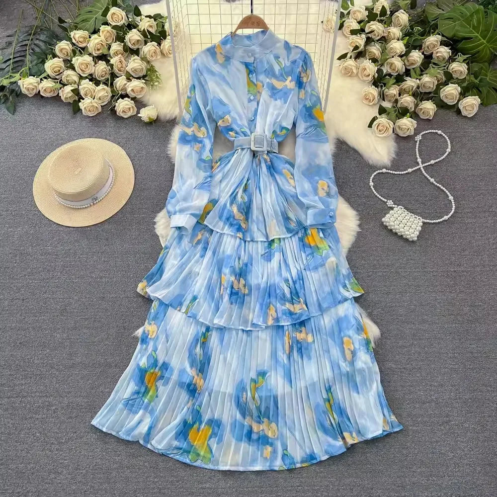 One Size  Spring and Autumn Long Sleeved Standing Neck Waist Collection A-line Printed Dress Ruffle Edge Cake Chiffon Dress