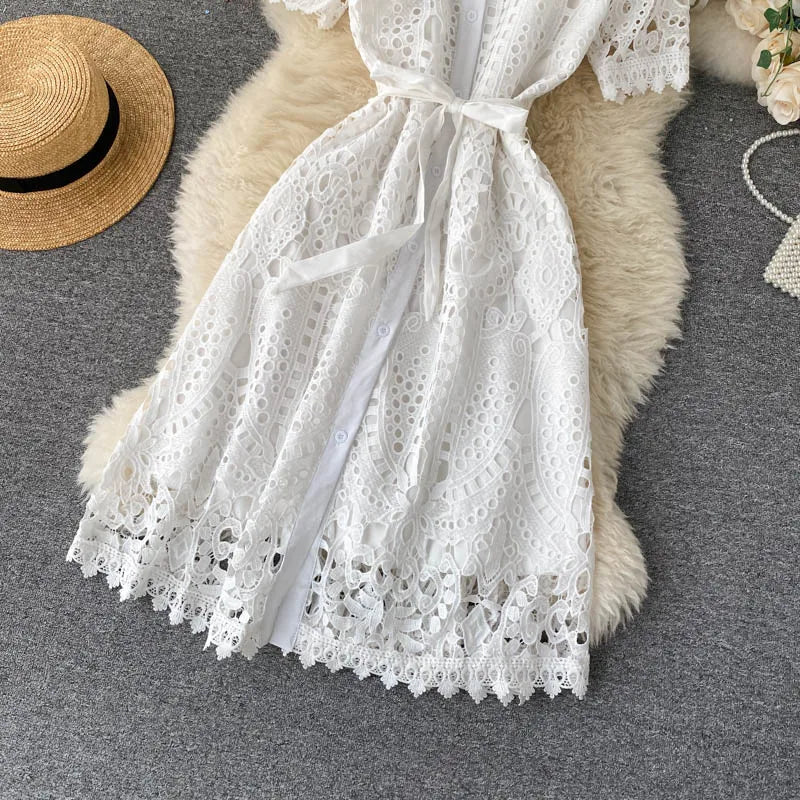Sanishroly 2020 Summer Autumn Sexy Hollow Out Dress Women Tie Bow Lace Dress Female Button Short Sleeve Long Dress Vestidos C060