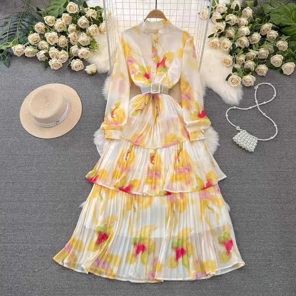 One Size  Spring and Autumn Long Sleeved Standing Neck Waist Collection A-line Printed Dress Ruffle Edge Cake Chiffon Dress