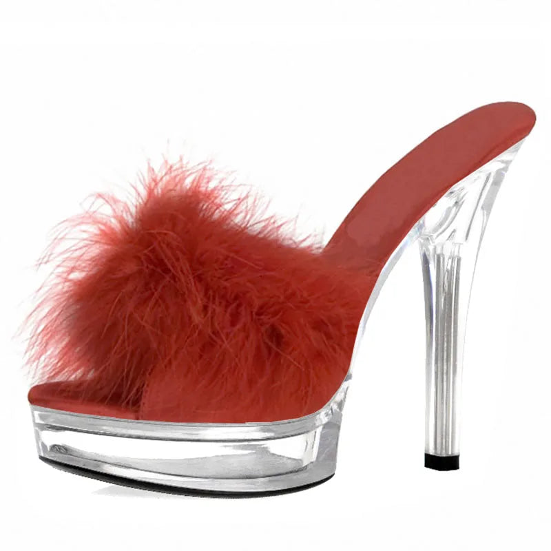 3 Inch Women's Feather Slippers13CM Summer Fashion Clear Crystal Big Size Super Stripper High Heeled ShoesParty Sexy Fetish
