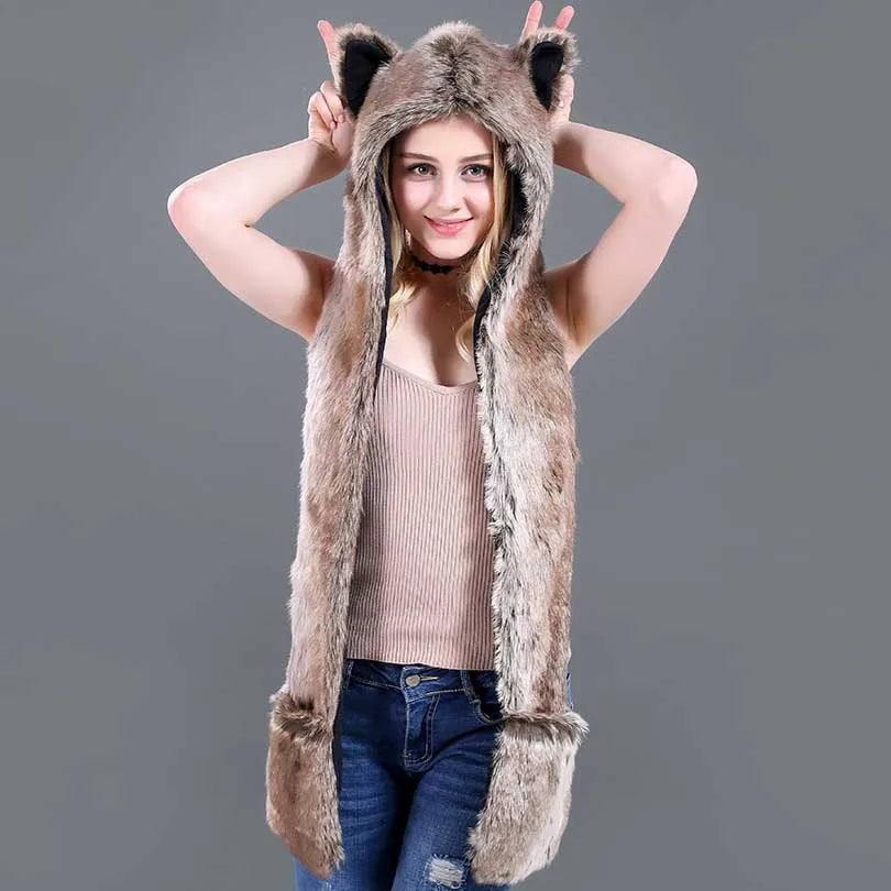 Men/Women Faux Fur Hood Animal Hat Ear Flaps Gloves 3in1 Animal Fur Hat Wolf Plush Warm Imitation Fur Hats Cap with Scarf Gloves