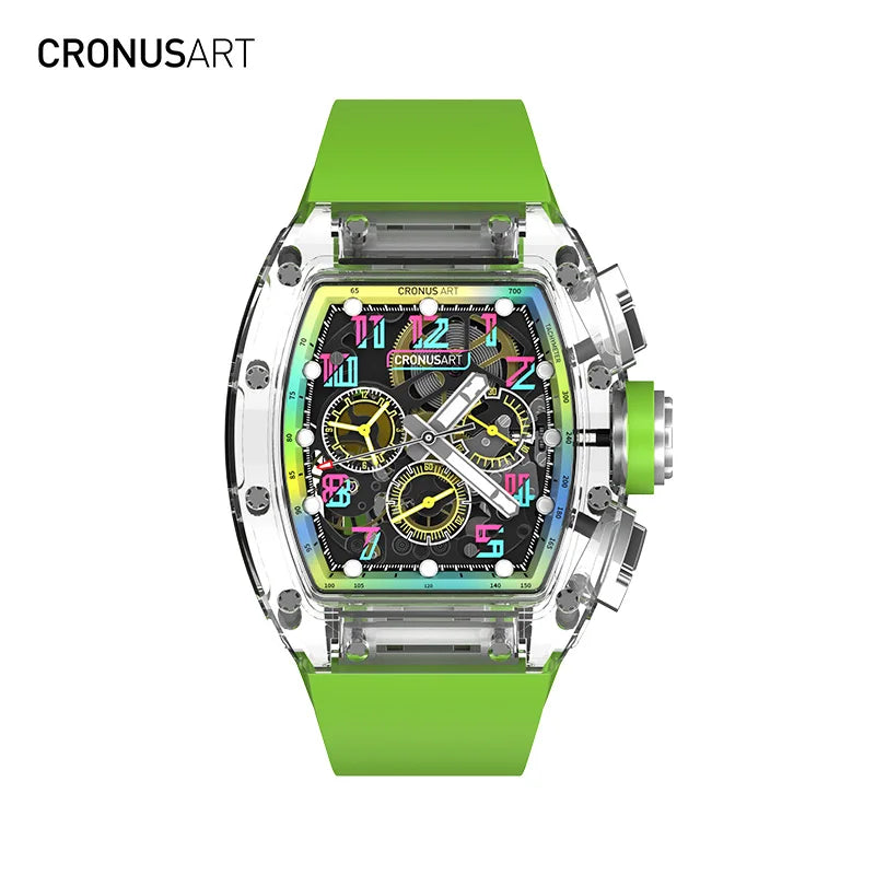 Sapphire Openwork Mechanical Watch for Men - Transparent Dial Design with Luminous Hands, Available in Multiple Colours