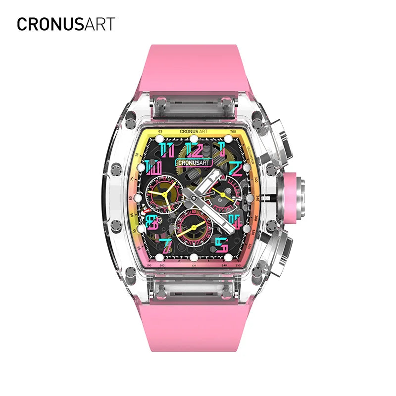 Sapphire Openwork Mechanical Watch for Men - Transparent Dial Design with Luminous Hands, Available in Multiple Colours