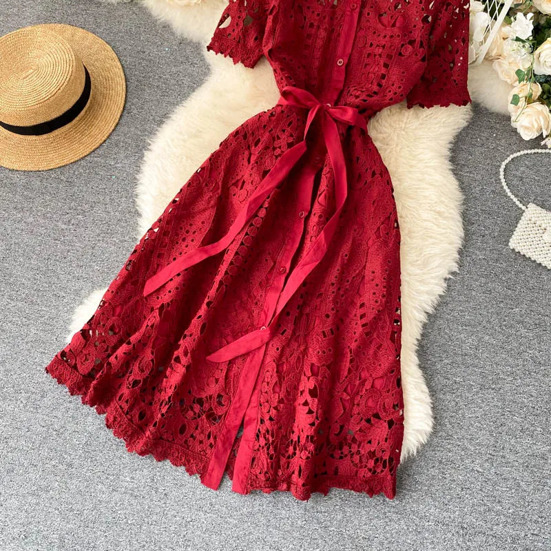 Sanishroly 2020 Summer Autumn Sexy Hollow Out Dress Women Tie Bow Lace Dress Female Button Short Sleeve Long Dress Vestidos C060