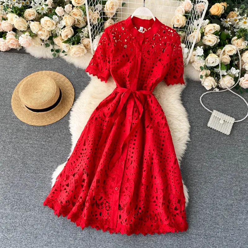Sanishroly 2020 Summer Autumn Sexy Hollow Out Dress Women Tie Bow Lace Dress Female Button Short Sleeve Long Dress Vestidos C060