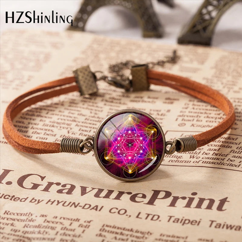 2020 Metatron Cube Pendant Bracelet Sacred Geometry Flower of Life Jewelry Chakra Spiritual Leather Bracelet Glass Dome Jewelry