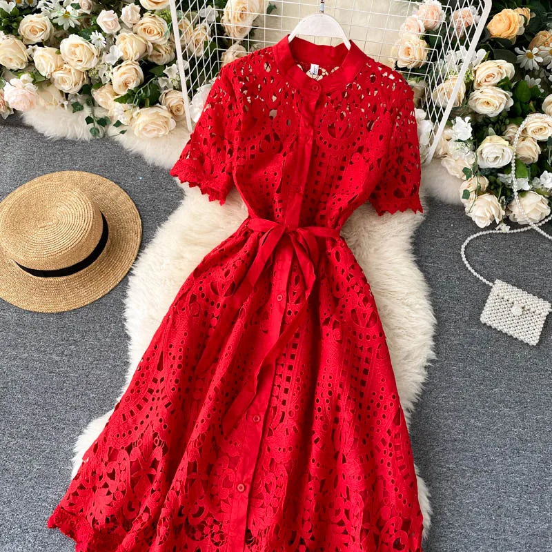 Sanishroly 2020 Summer Autumn Sexy Hollow Out Dress Women Tie Bow Lace Dress Female Button Short Sleeve Long Dress Vestidos C060