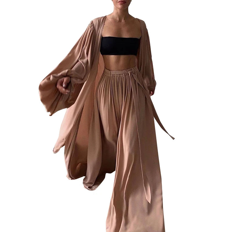 ANSZKTN Short Vest Lantern Long Sleeve Coat High Waist Wide Leg Pants Sexy Women 2 Pieces Sets