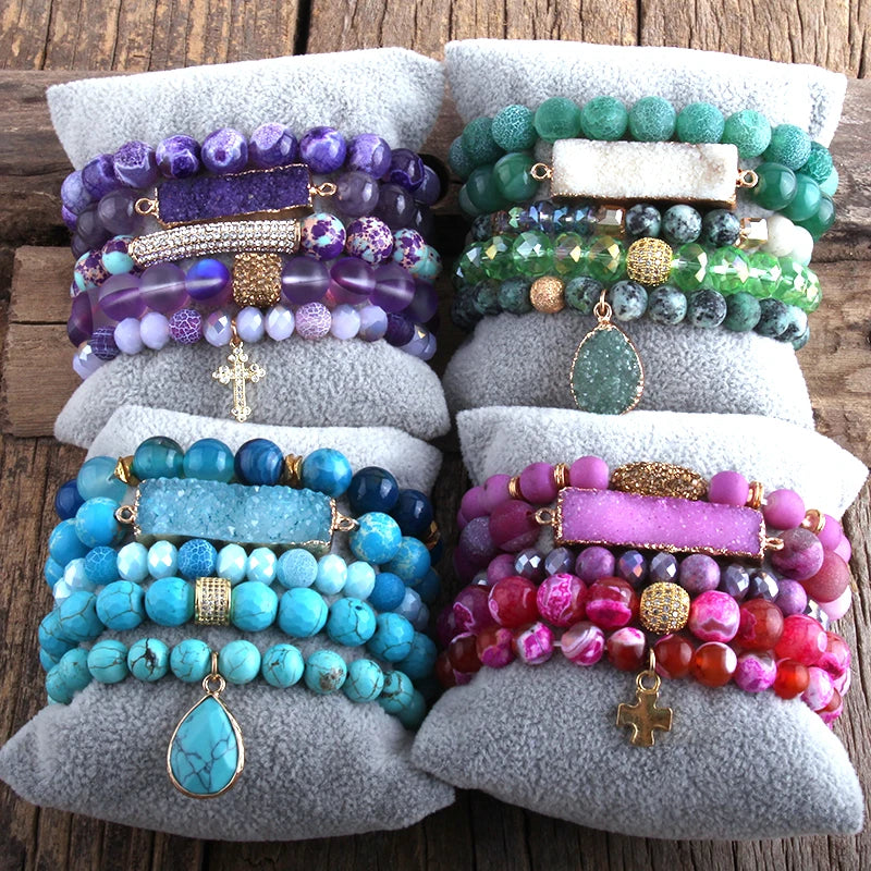 Fashion Designer Boho Beaded Bracelet Natural Stone Crystal Druzy 5pc Bracelets Sets For Women  Jewelry Gift