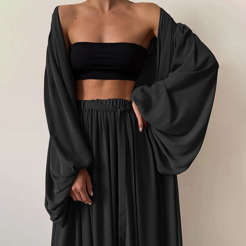 ANSZKTN Short Vest Lantern Long Sleeve Coat High Waist Wide Leg Pants Sexy Women 2 Pieces Sets