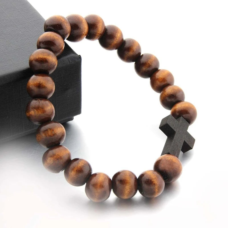 Wood Bead Religious Catholic Crucifix Pendant Necklace Bracelet Set First Communion Gift Inspirational Cross for Prayer