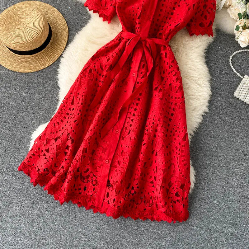 Sanishroly 2020 Summer Autumn Sexy Hollow Out Dress Women Tie Bow Lace Dress Female Button Short Sleeve Long Dress Vestidos C060