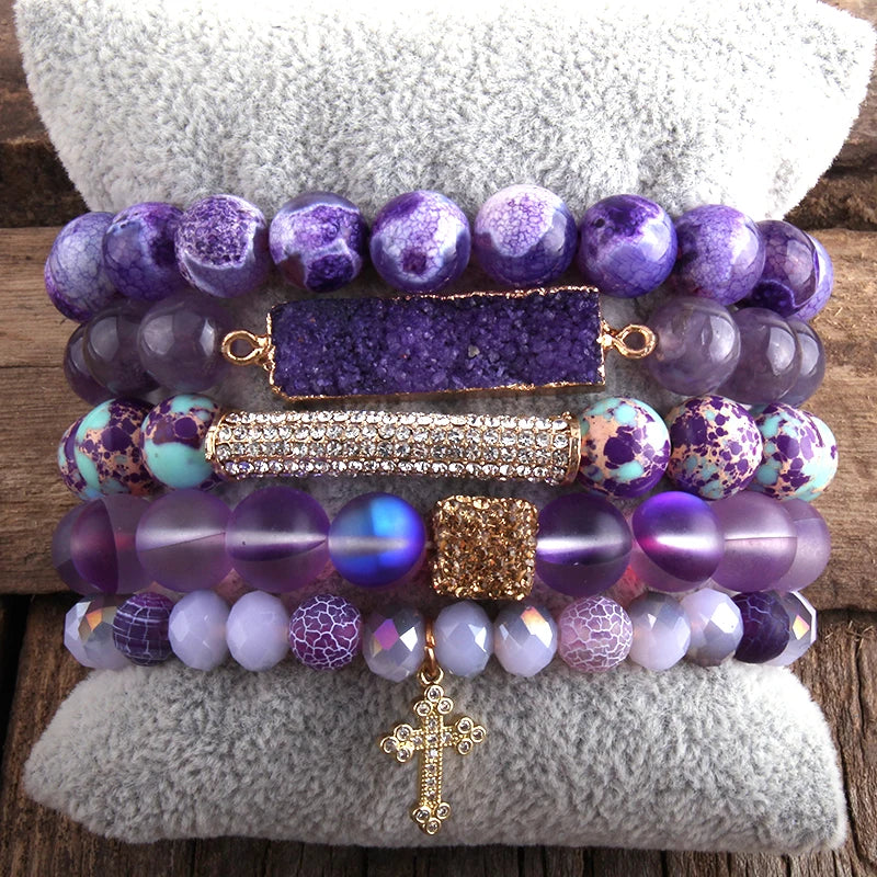 Fashion Designer Boho Beaded Bracelet Natural Stone Crystal Druzy 5pc Bracelets Sets For Women  Jewelry Gift