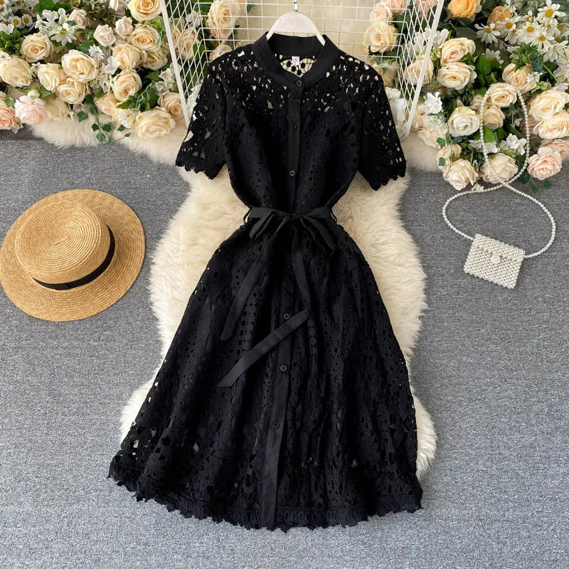 Sanishroly 2020 Summer Autumn Sexy Hollow Out Dress Women Tie Bow Lace Dress Female Button Short Sleeve Long Dress Vestidos C060