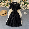 Sanishroly 2020 Summer Autumn Sexy Hollow Out Dress Women Tie Bow Lace Dress Female Button Short Sleeve Long Dress Vestidos C060