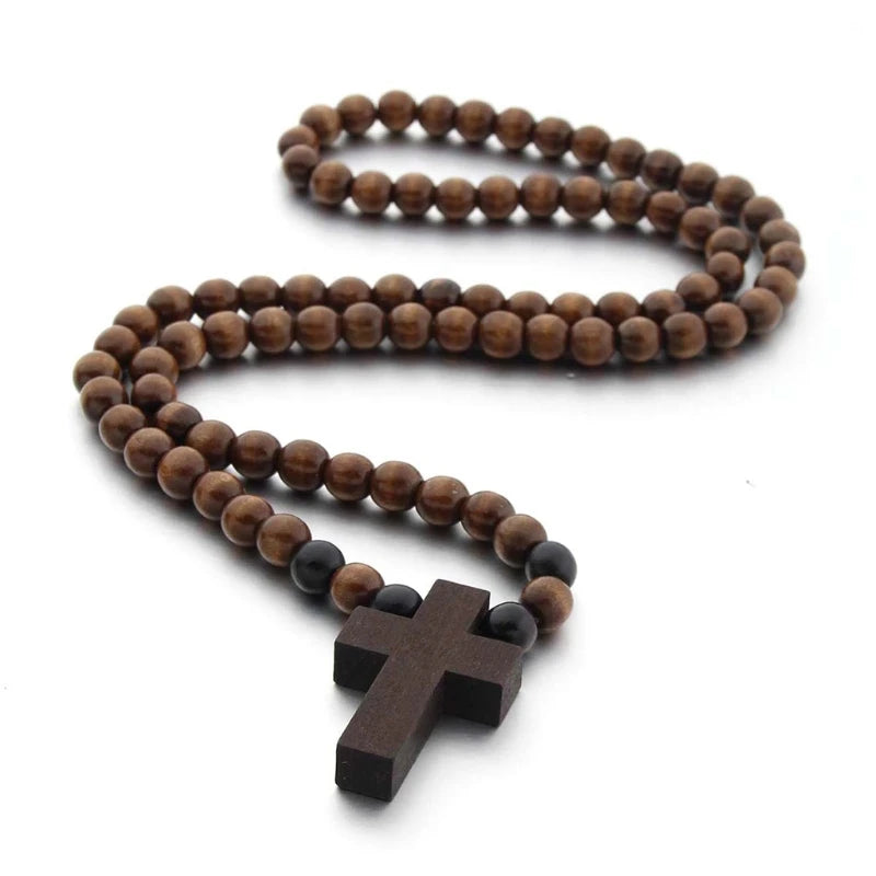 Wood Bead Religious Catholic Crucifix Pendant Necklace Bracelet Set First Communion Gift Inspirational Cross for Prayer
