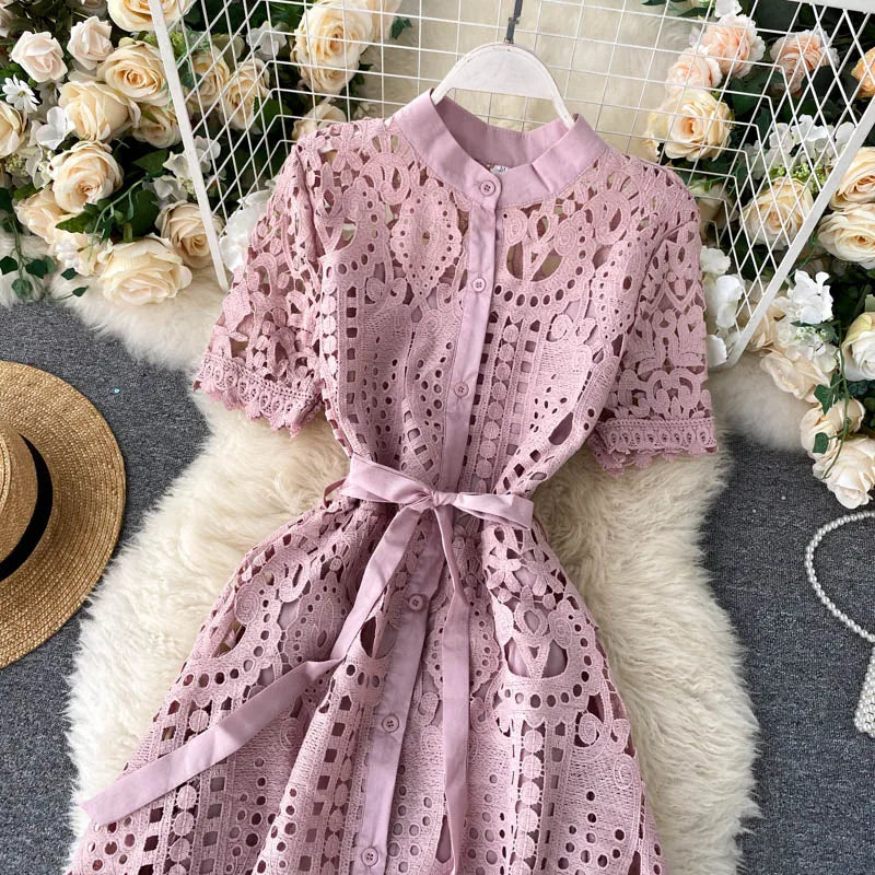 Sanishroly 2020 Summer Autumn Sexy Hollow Out Dress Women Tie Bow Lace Dress Female Button Short Sleeve Long Dress Vestidos C060