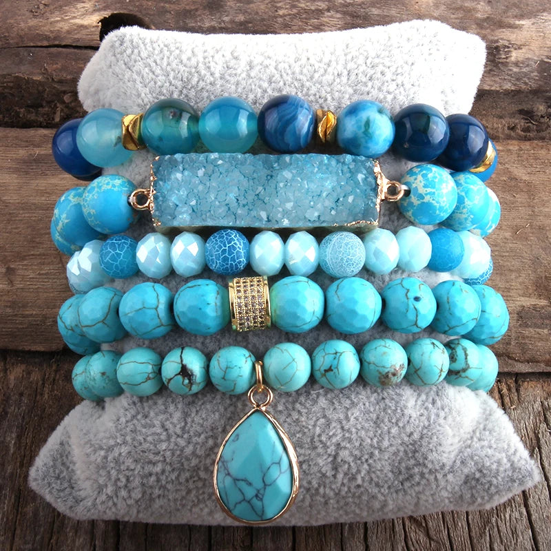 Fashion Designer Boho Beaded Bracelet Natural Stone Crystal Druzy 5pc Bracelets Sets For Women  Jewelry Gift
