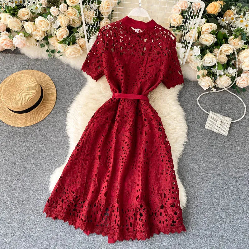 Sanishroly 2020 Summer Autumn Sexy Hollow Out Dress Women Tie Bow Lace Dress Female Button Short Sleeve Long Dress Vestidos C060