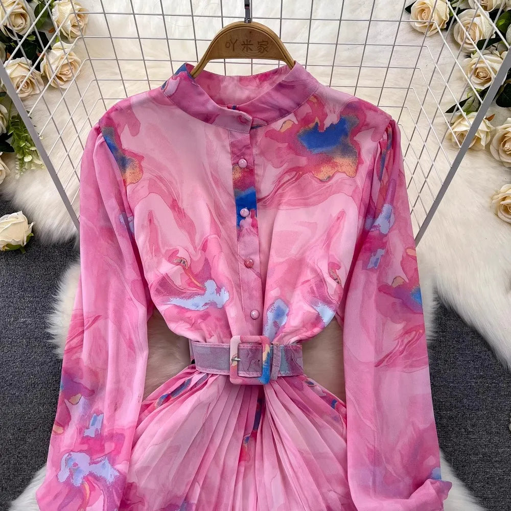 One Size  Spring and Autumn Long Sleeved Standing Neck Waist Collection A-line Printed Dress Ruffle Edge Cake Chiffon Dress
