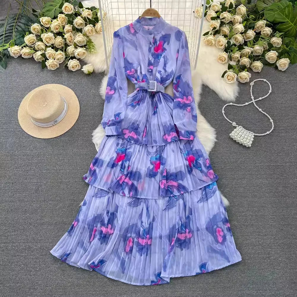 One Size  Spring and Autumn Long Sleeved Standing Neck Waist Collection A-line Printed Dress Ruffle Edge Cake Chiffon Dress